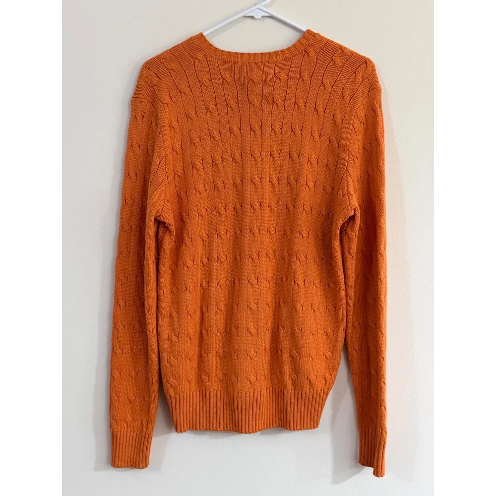 VTG Polo Ralph Lauren Orange 100% Silk Cable Knit V-Neck Sweater Mens Medium